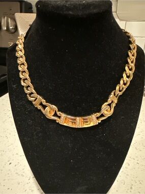 Vintage Givenchy Gold Tone Rhinestone Curb Chain Statement Necklace